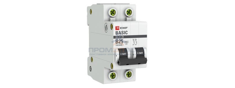 Автоматический выключатель EKF Basic ВА 47-29 2P 25А (B) 4,5кА (автомат электрический)