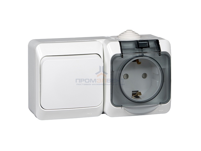 Блок выключатель одноклавишный + розетка с/з Этюд IP44 белый [уп 7шт]