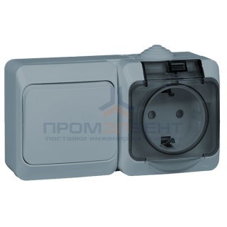 Блок выключатель одноклавишный + розетка с/з Этюд IP44 серый [уп 7шт]